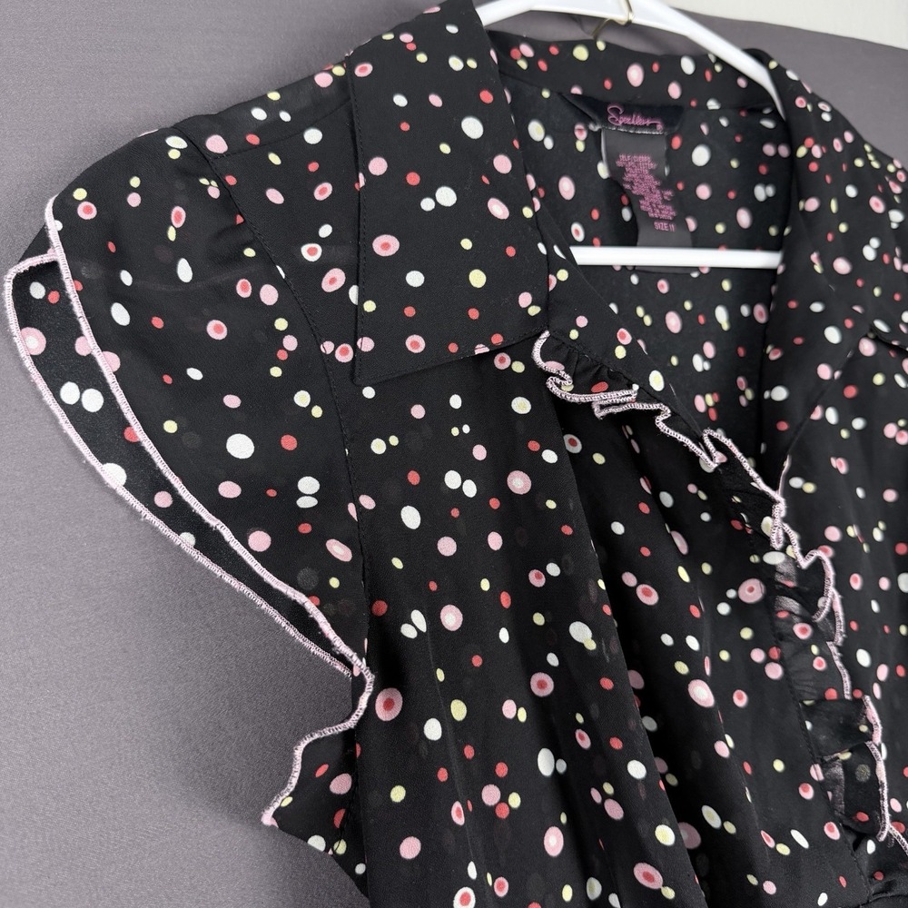 Speechless 11 A-Line Dress Black Polka Dot Ruffle Flutter Sleeve Collared - Picture 11 of 13